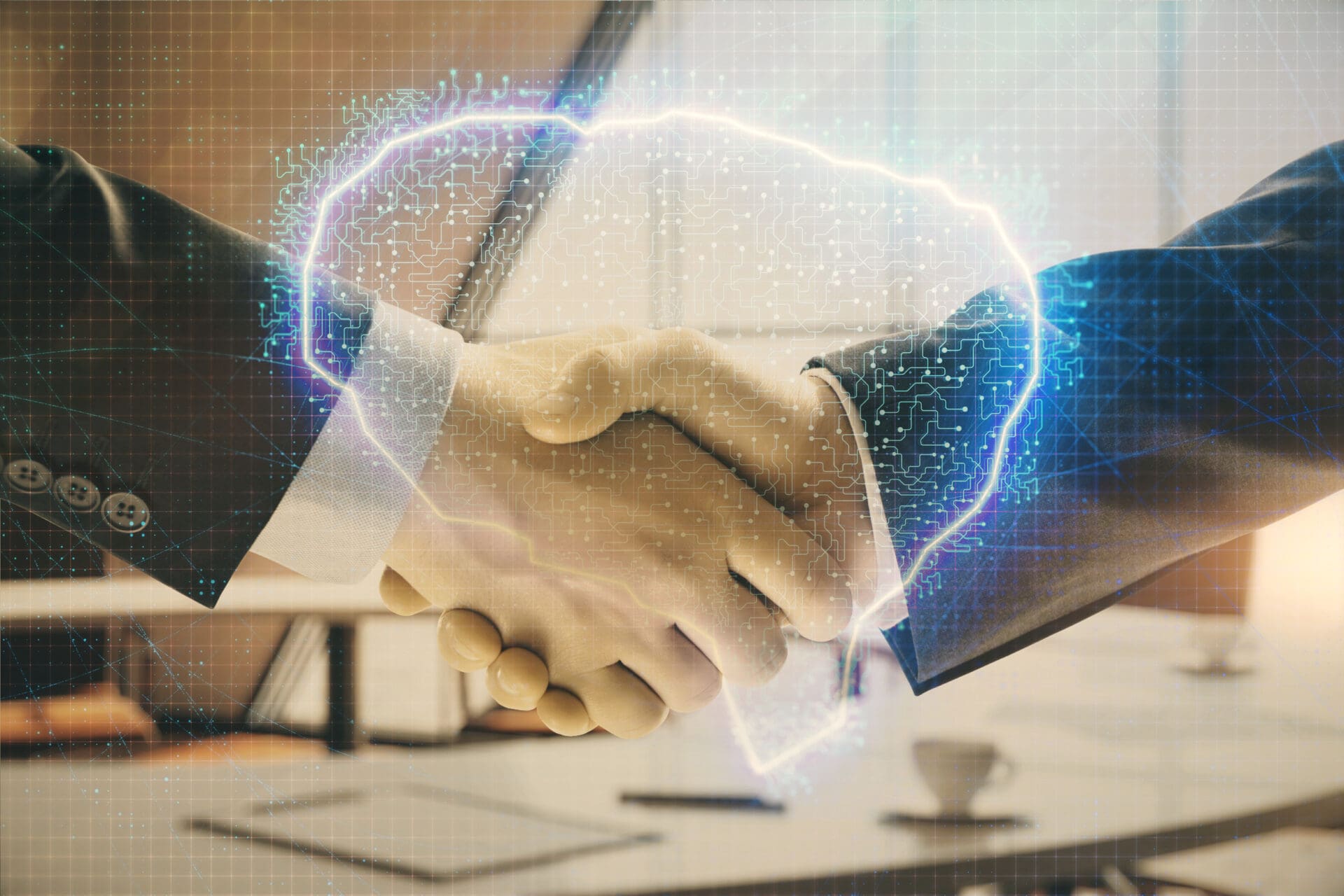 Double exposure of brain drawing on office background with two men handshake. Concept of innovation