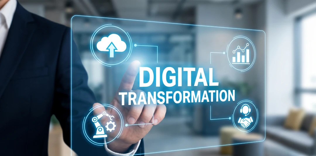A person's hand points toward a luminous blue digital display that reads "Digital Transformation."